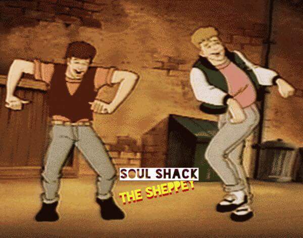 Two cartoon characters dance enthusiastically in an alley with bricks and wooden doors. Bold text at the bottom reads Soul Shack, The Sheppe!, and DJ Lath, bringing Lockdown Sheppey vibes in red and yellow letters.