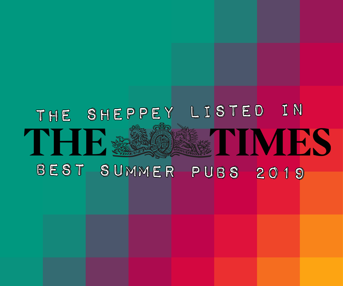 Text graphic with a grid of teal, purple, pink, orange, and red squares. Center text reads: The Sheppey listed in The Times BEST SUMMER PUBS 2019 with The Times logo in black lettering.