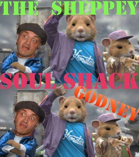 Two anthropomorphic mice in streetwear, each with a man's face edited on, pose together. Bright text over the image reads: THE SHEPPEY SOUL SHACK GODNEY and Lock Down in green, blue, pink, and orange letters.