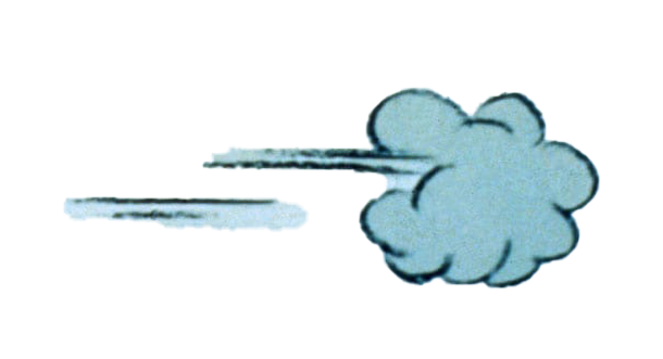 A cartoon-style blue puff of smoke or cloud with trailing motion lines, suggesting fast movement or something speeding away on a white background.
