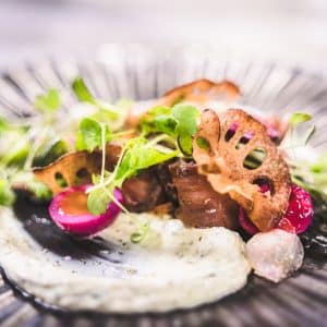 salmon Pastrami with lotus root crisp