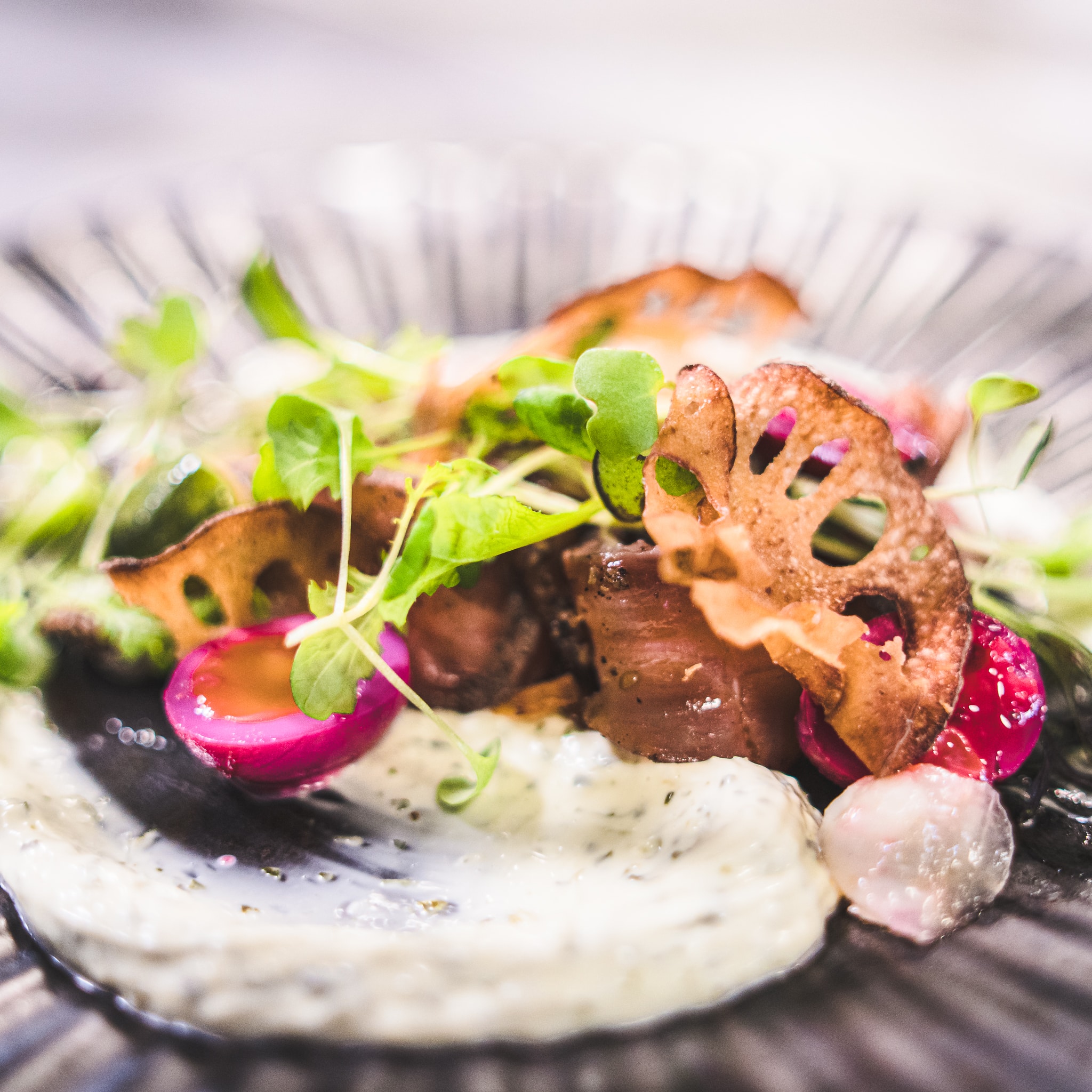 salmon Pastrami with lotus root crisp