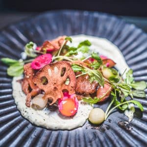 A gourmet dish featuring grilled meat, sliced lotus root, pickled vegetables, microgreens, and a creamy milk stout white sauce, artfully arranged on a dark, textured plate.