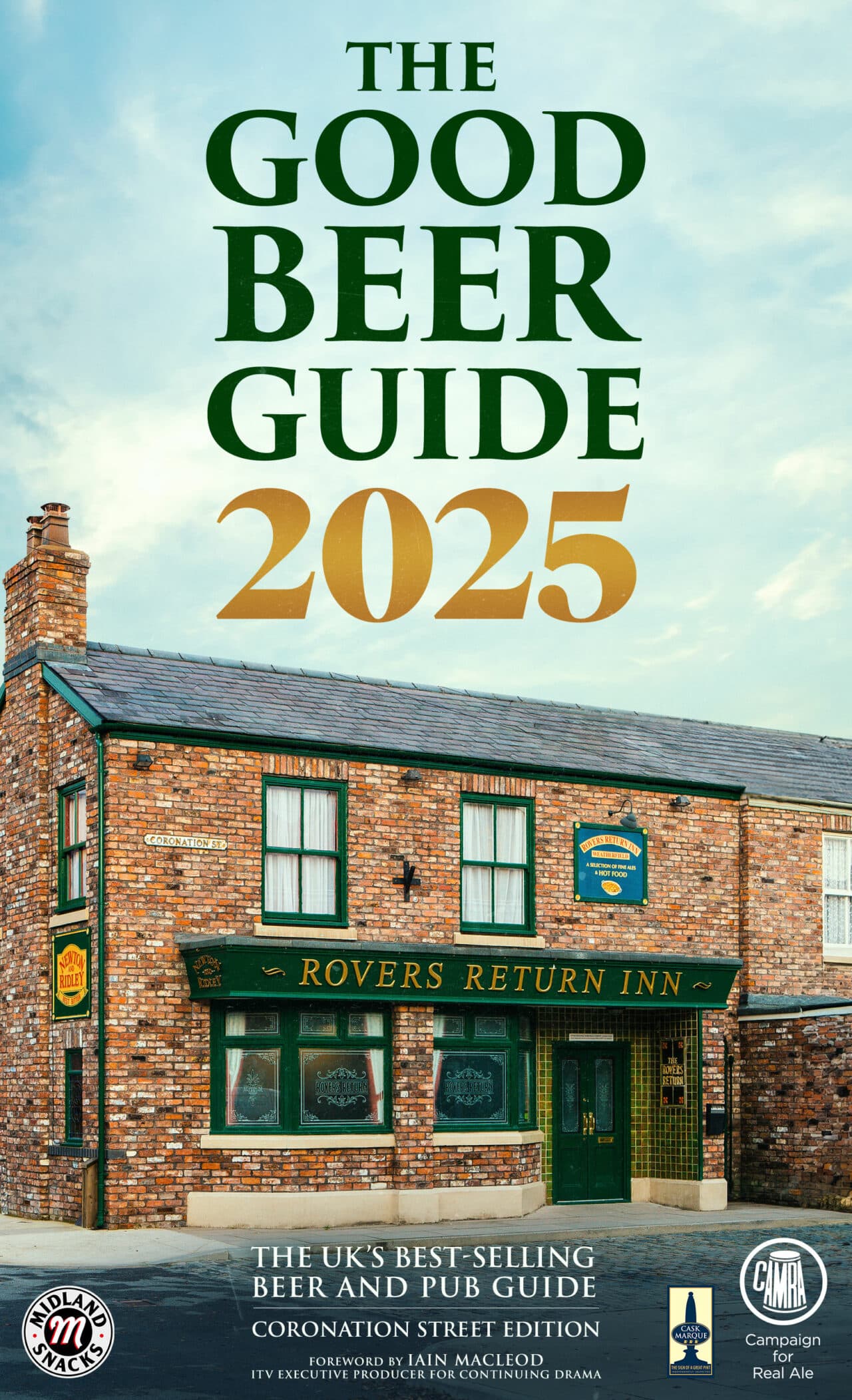 A book cover titled “The Good Beer Guide 2025” features the exterior of the Rovers Return Inn pub from Coronation Street, with CAMRA and ITV logos, and text promoting it as the essential beer guide 2025 for beer and pub lovers.