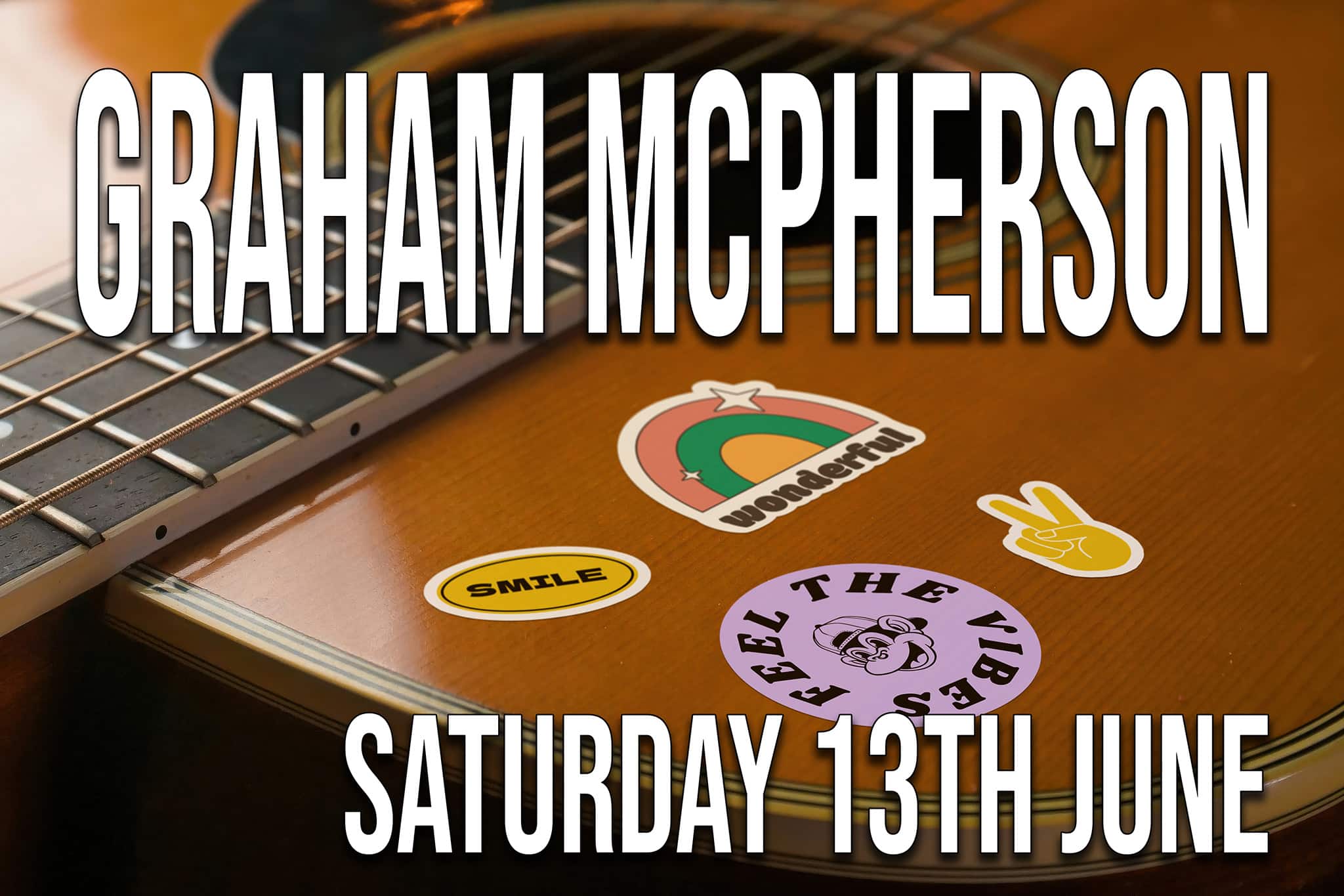 poster for Graham McPherson gig at the sheppey on the 13th June 2026, featuring a close up of a guitar with stickers on it.