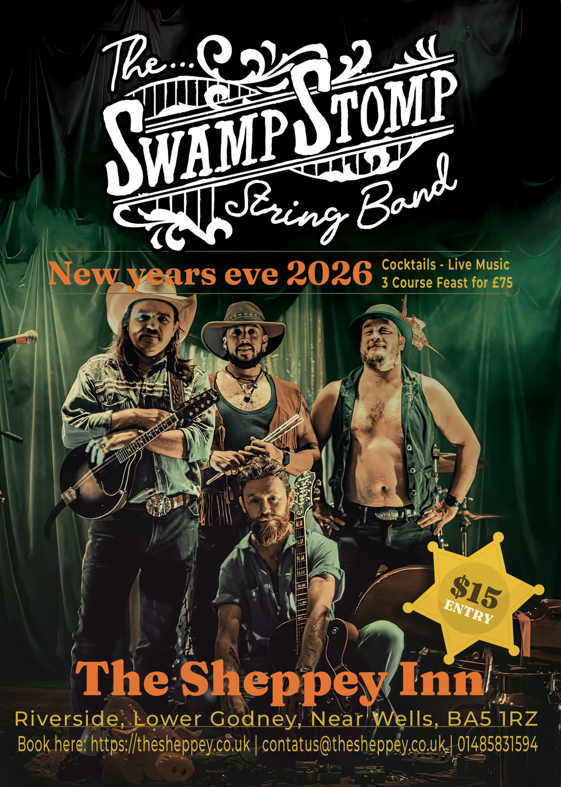 Swamp stomp string band new years eve poster, price for entry is £15