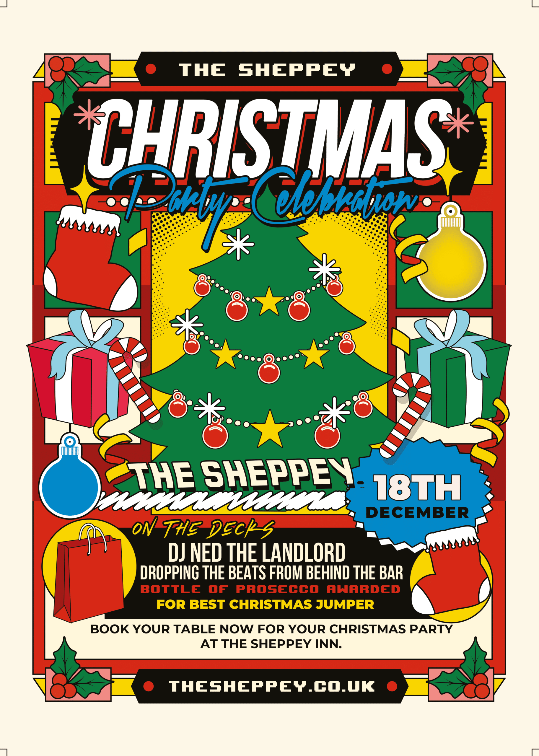 Christmas party poster for the 18th of december with dj ned on the decks