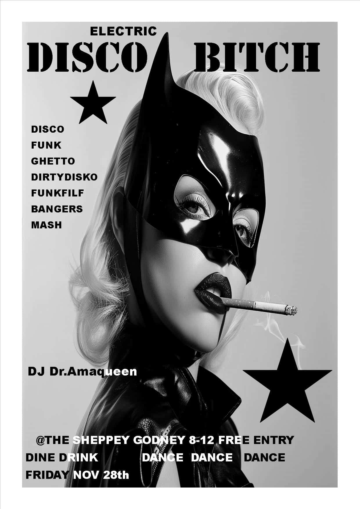 poster for a disco night at the sheppey, featuring a lady in a cat mask and a cigarette in her mouth