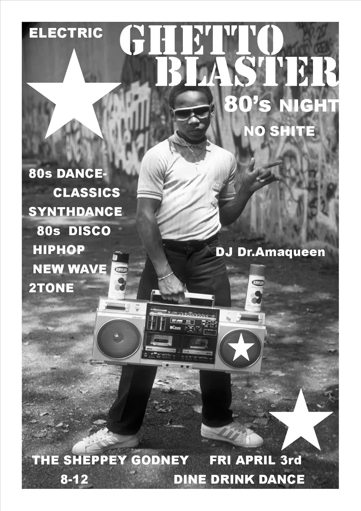poster for 80's music night at the sheppey on the 3rd of April.