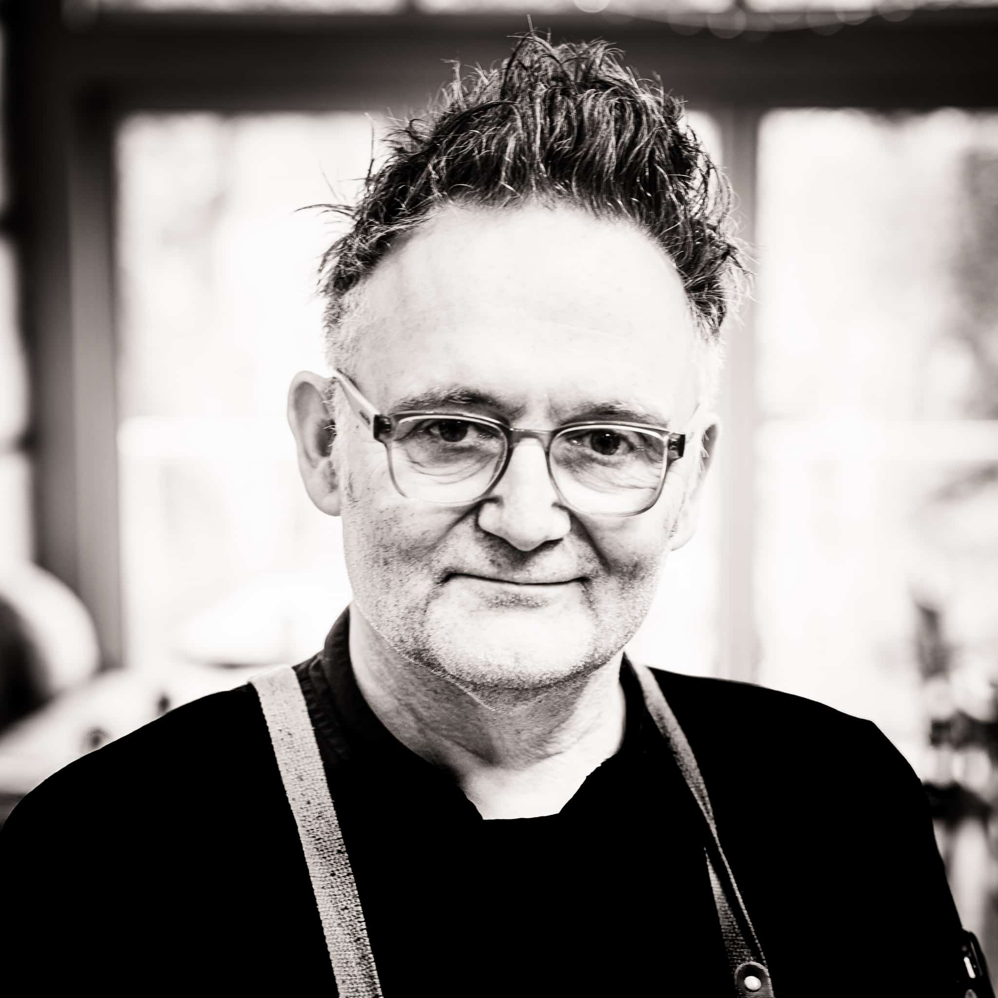 black and white photo of mark Horton the head chef at The Sheppey Inn