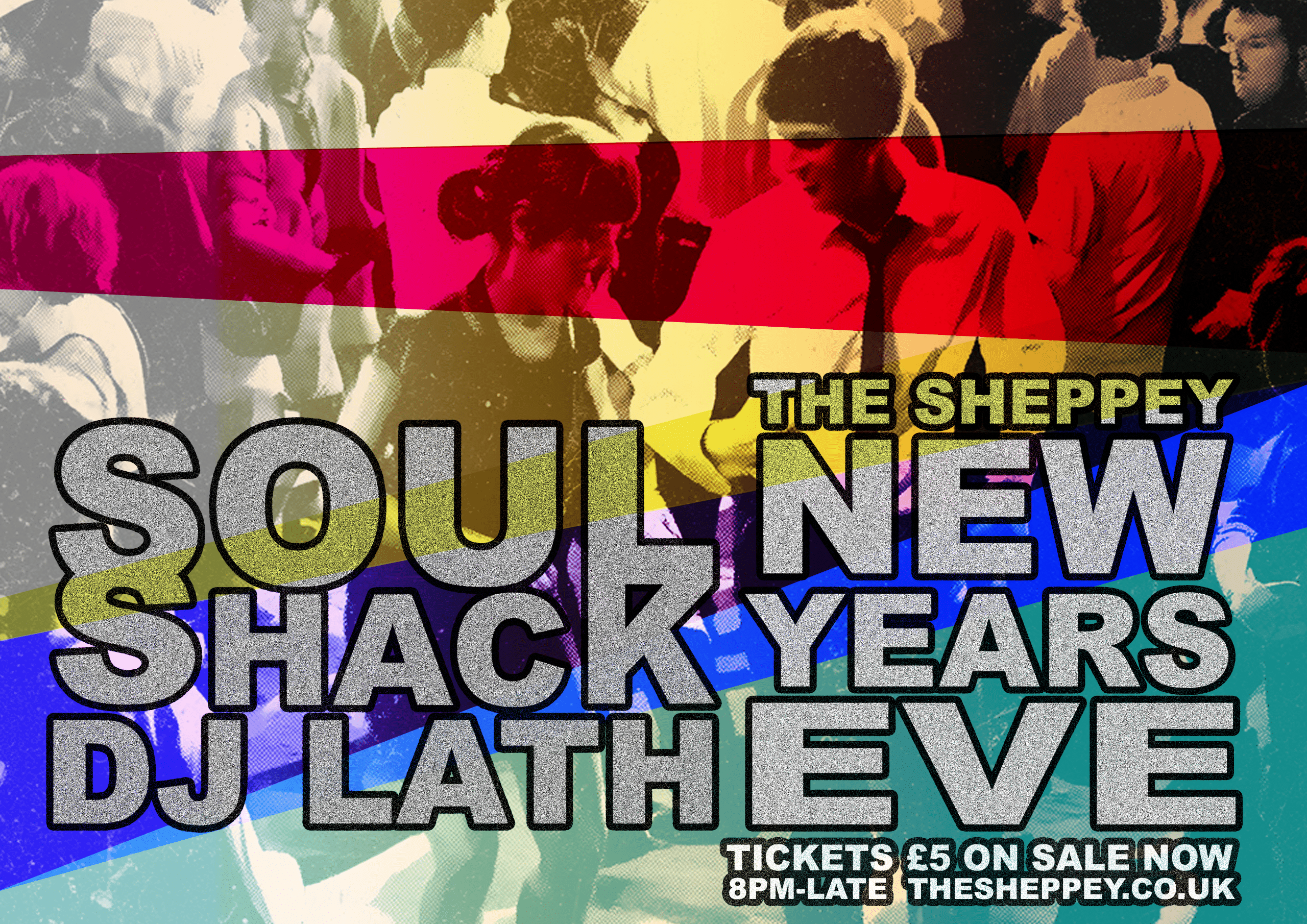 poster for new years eve event with Dj Lath playing northern soul music. the poster features text and an image of people dancing