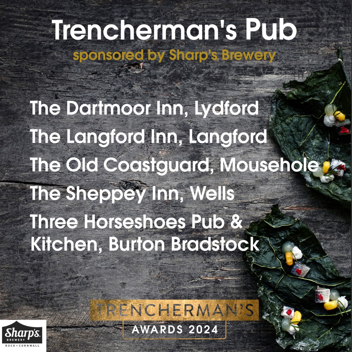 A list of Trenchermans Pub Award 2024 finals nominees on a dark rustic background with seaweed and seashells, featuring The Dartmoor Inn, The Langford Inn, The Old Coastguard, The Sheppey Inn, and Three Horseshoes Pub & Kitchen.