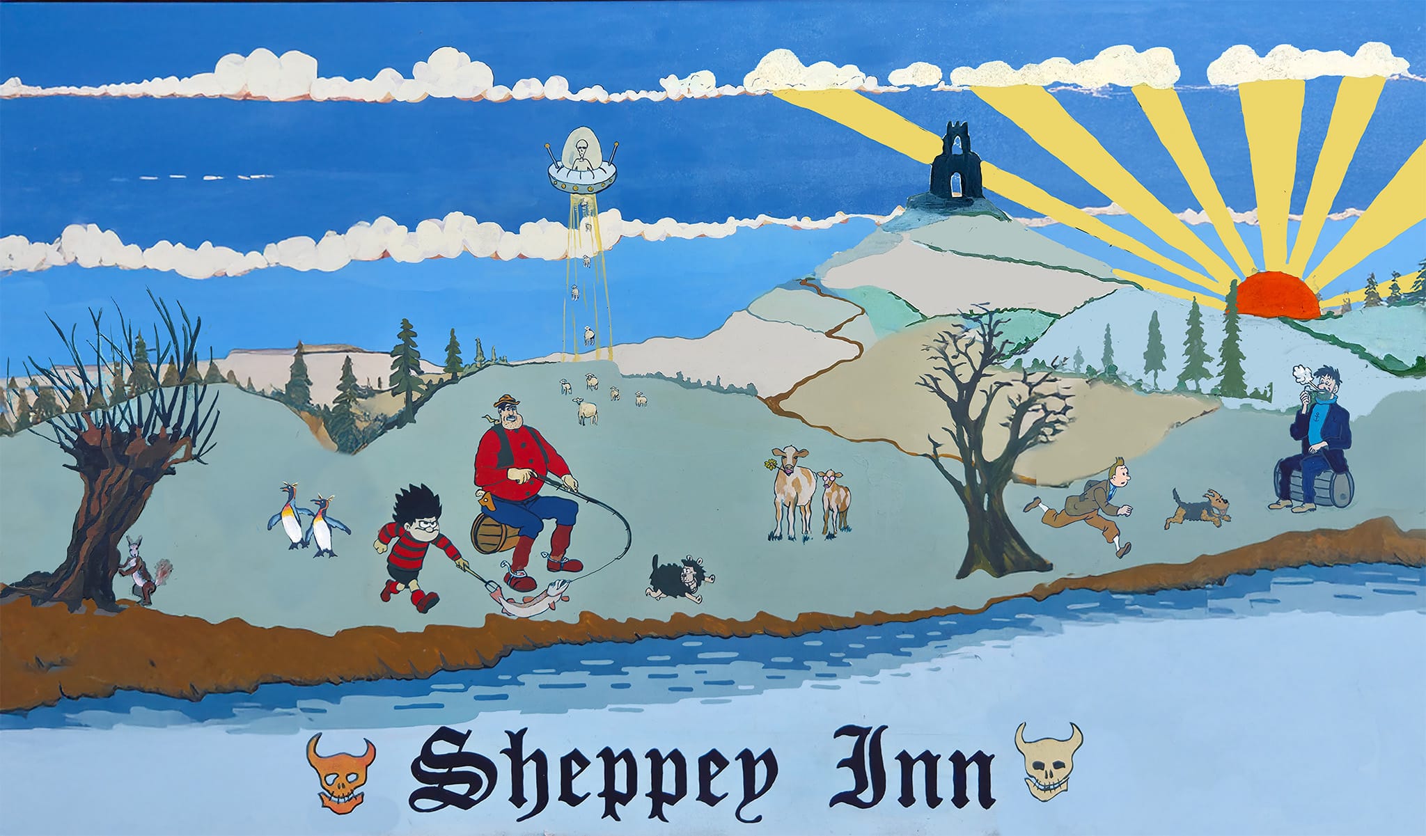 the infamous sheppey pub sign, featuring old cartoon charactors