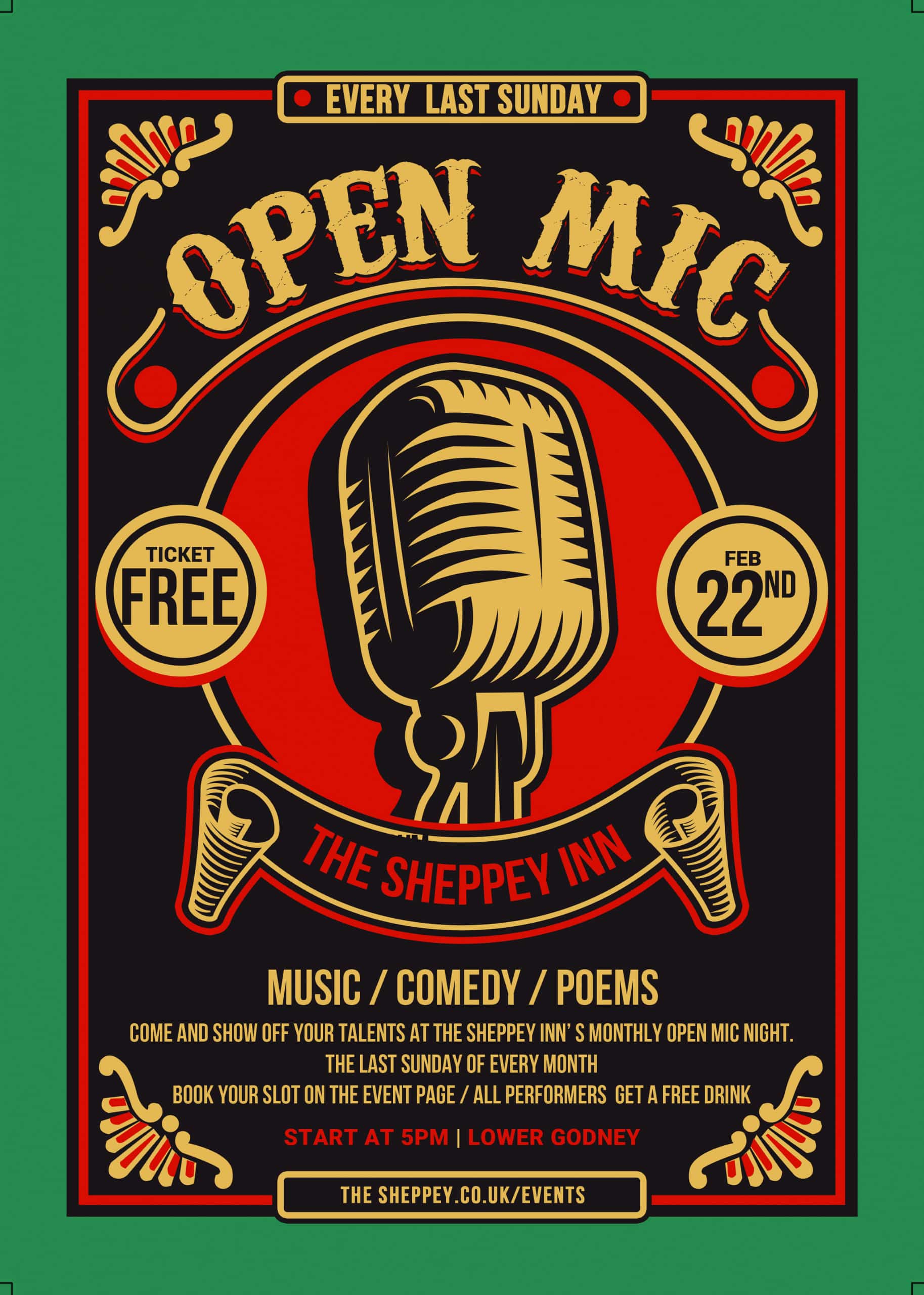 poster for open mic night on the 22nd feb 2026