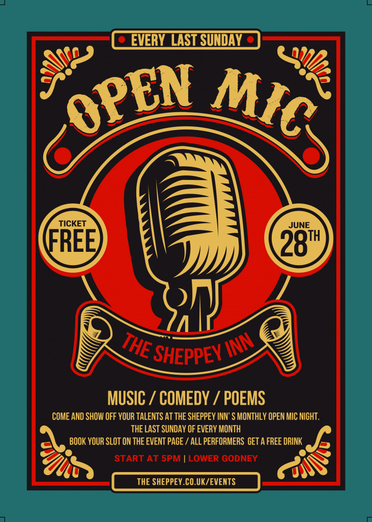 Poster for the open mic night on the 28th of June 2026 at the sheppey
