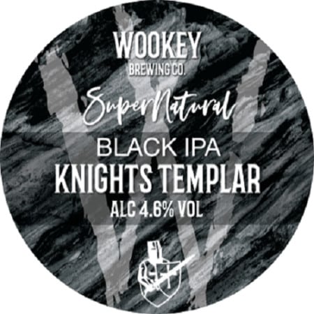 Circular label with a dark marbled background evokes black gold; white text reads: “Wookey Brewing Co. SuperNatural Black IPA Knights Templar ALC 4.6% VOL.” Includes a small knight’s helmet logo at the bottom.