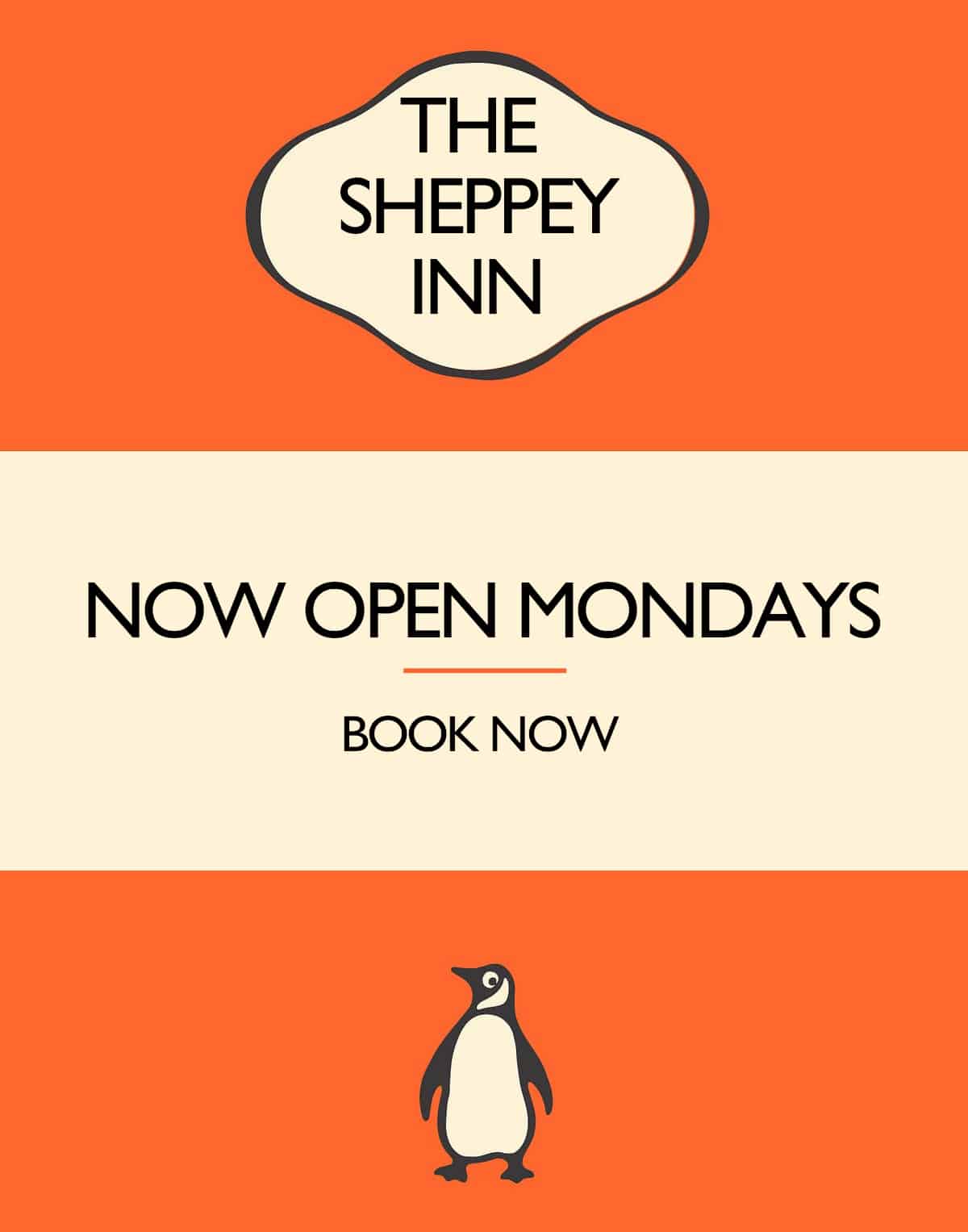 mondays are back on the menu, the image is a replica of an old penguin book modified with the Sheppey inn Title