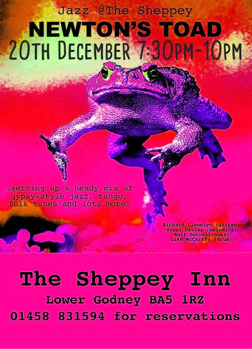 poster for newtons toad jazz band playing at the sheppey featuring a toad leaping in a psychedelic style