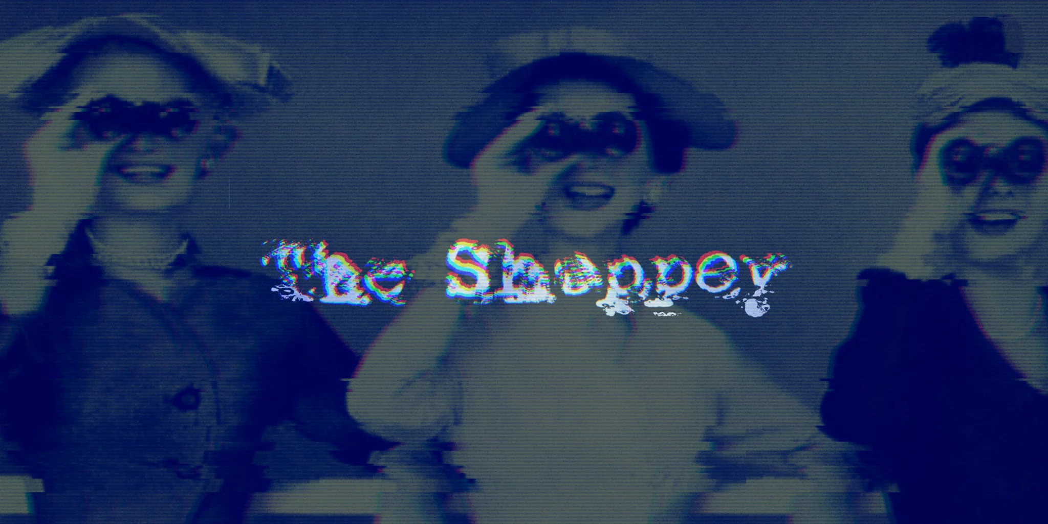 Three people in vintage clothing look through binoculars. The image has a blue tint and glitch effect. In the center, distorted white text reads “The Sheppey.”.
