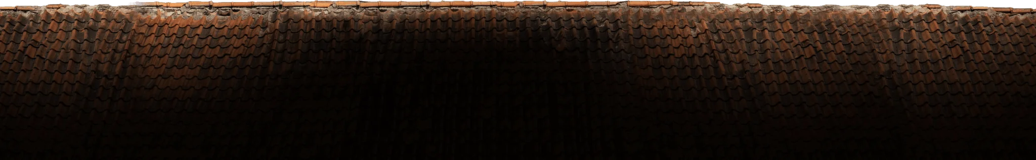 A close-up view of a weathered, curved clay tile roof with visible orange and brown tiles. The center is shadowed, creating a dark gradient effect downward.