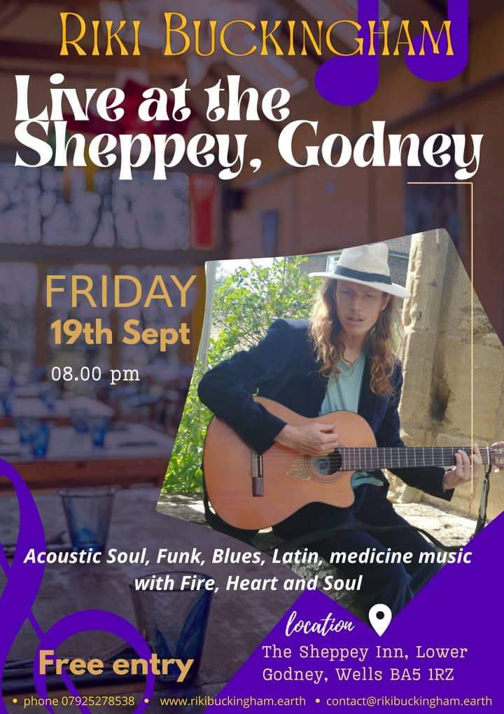 A poster for Riki Buckingham’s live music performance at the Sheppey Inn, Godney, featuring a photo of him playing guitar. Event details: Friday 19th Sept, 8:00 pm, free entry. Music genres and contact info are also listed.