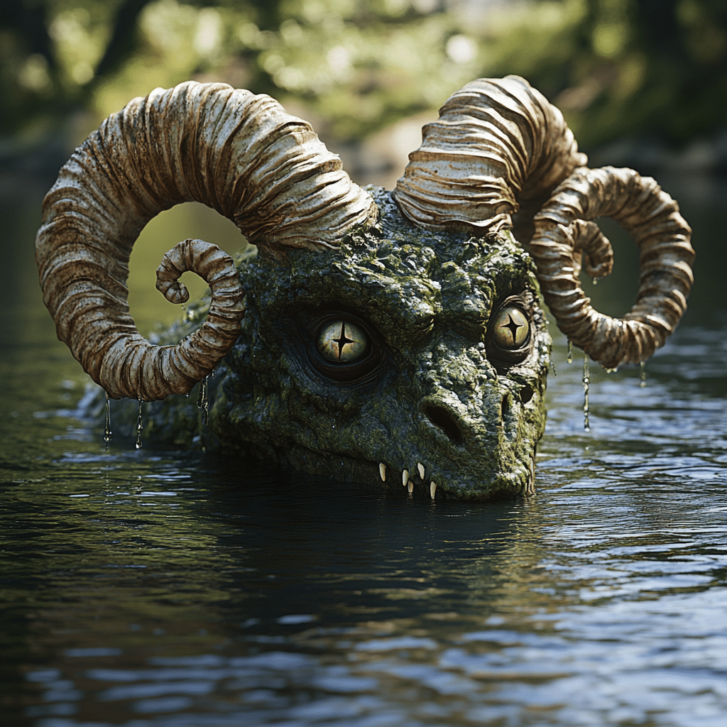 A green, dragon-like River Monster with large curled horns and glowing eyes rises from a lake on Sheppey, water dripping from its horns and scales, in a forested setting.